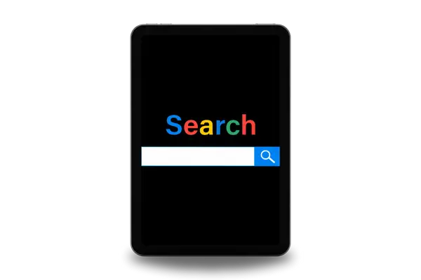 Ipad mockup that says search in the backround.